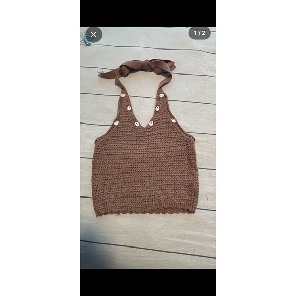 Sincerely Jules Tops - Sincerely Jules Crocheted Shell Halter Crop Top Brown XS NWOT